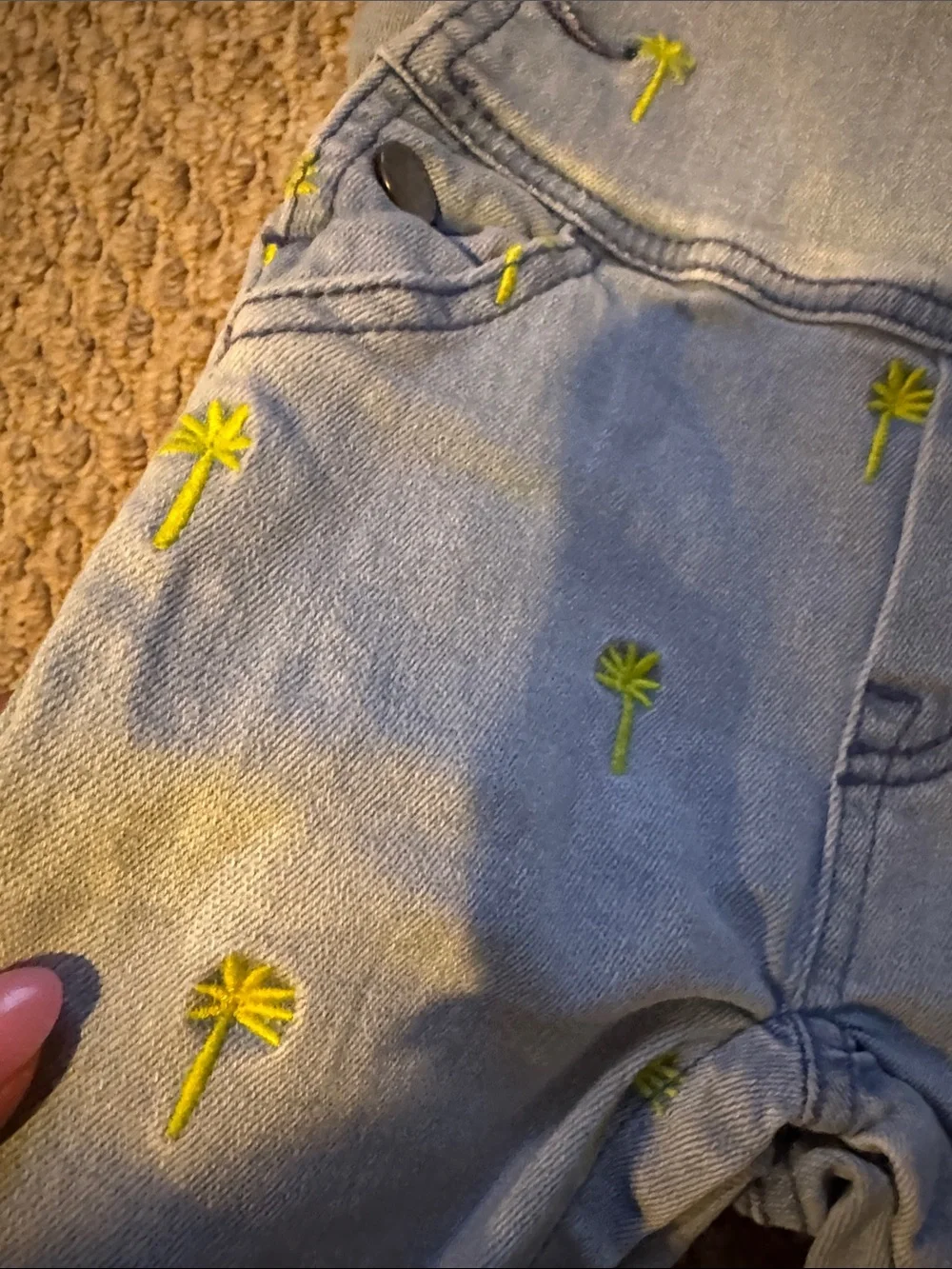 Stella McCartney Kids Light Blue Denim Palm Embroidered Short Overalls